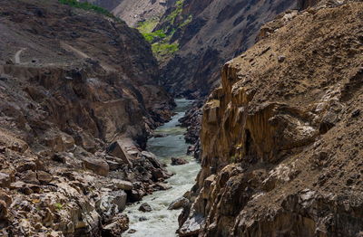 Scenic view of river amidst mountains