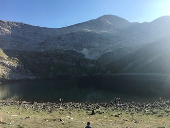 View of birds in lake against mountain range