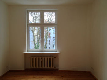 Bare tree and building seen from house window