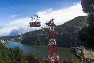 Overhead cable car over lake against sky