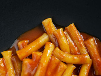 High angle view of food on table against black background