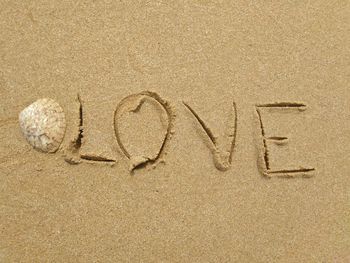 High angle view of text on beach