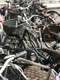 High angle view of bicycles in parking lot