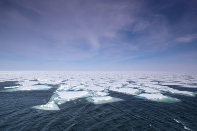 Floating pack ice in the arctic ocean with dramatic sky at a sunny clear day