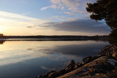 Scenic view of lake against sky during sunset