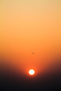 Silhouette bird flying against orange sky