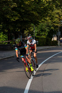 Man riding bicycle on road in city