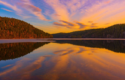 Scenic view of lake against orange sky