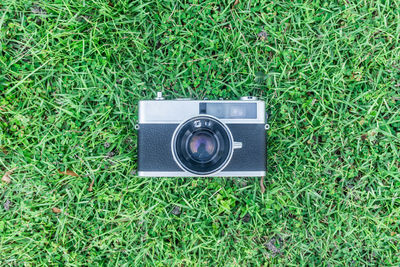 Directly above shot of camera on field