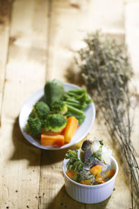 High angle view of salad in bowl on table