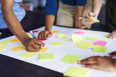 Business people discussing over adhesive notes