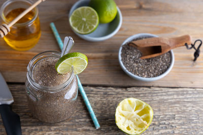 High angle view of drink on table