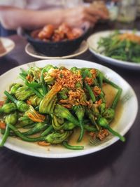 High angle view of salad in bowl on table