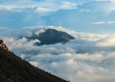 Scenic view of mountains against cloudy sky