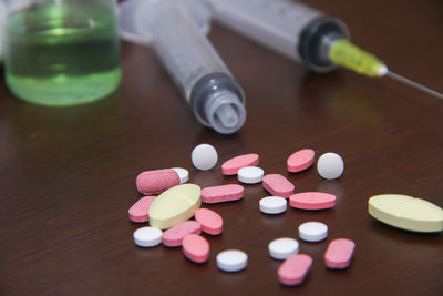 High angle view of bottles on table