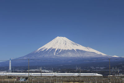 View of snowcapped mountain against blue sky