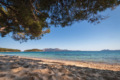 Scenic view of sea against clear blue sky