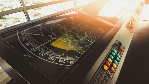 High angle view of text on window