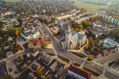 High angle view of road amidst buildings in city