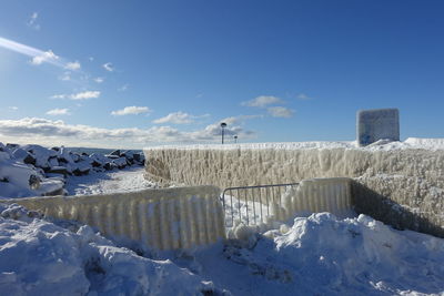 Snow covered land against sky