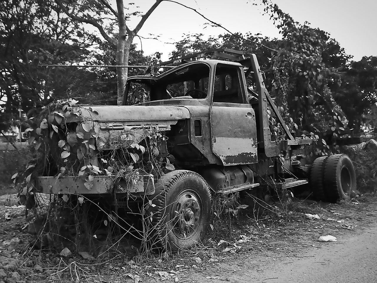 abandoned, obsolete, damaged, building exterior, old, run-down, built structure, architecture, deterioration, land vehicle, house, transportation, mode of transport, bad condition, tree, car, day, stationary, no people, broken