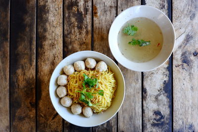 High angle view of soup in bowl on table