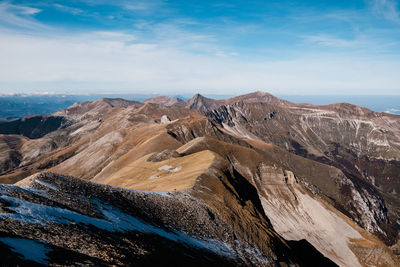 Aerial view of mountain range against sky in castelluccio, umbria italy 