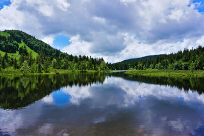 Scenic view of lake by trees against sky