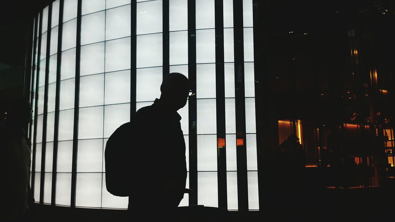 silhouette, indoors, window, men, standing, glass - material, lifestyles, architecture, shadow, reflection, built structure, person, unrecognizable person, transparent, dark, outline, walking, rear view