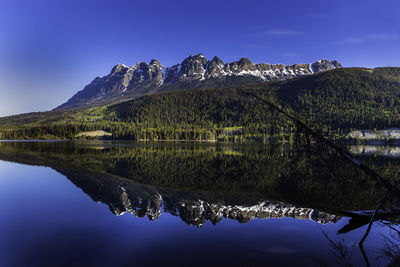 Mountains in morning light reflected in calm lake waters