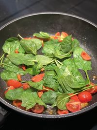 High angle view of vegetables in pan