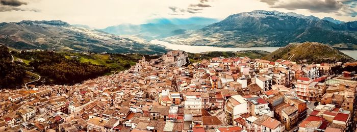 High angle view of townscape against sky