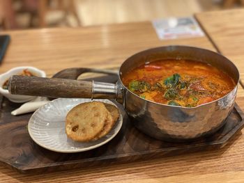 Close-up of soup in bowl on table