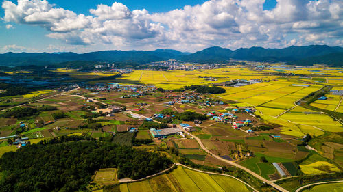 High angle view of agricultural field against sky