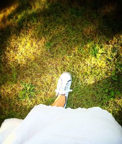 Low section of person standing on grassy field