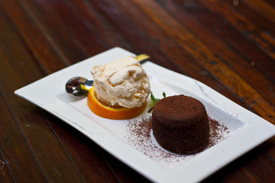 High angle view of dessert in plate on table
