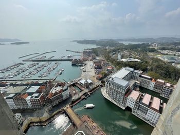 High angle view of bay and buildings against sky