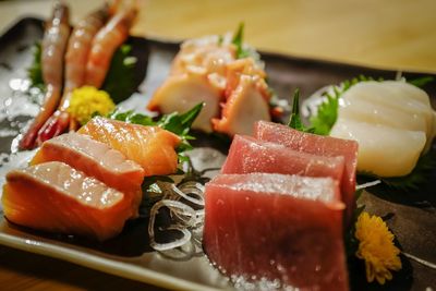 Close-up of sashimi served in plate