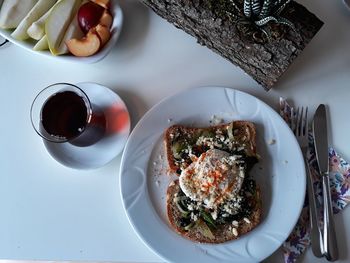 High angle view of breakfast served on table