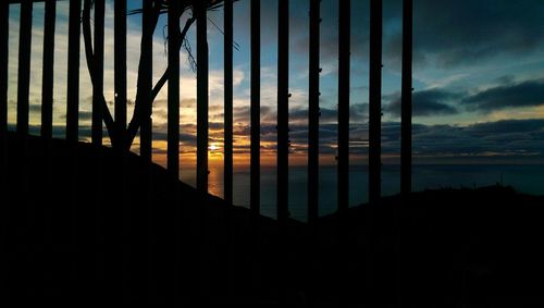 Silhouette of trees by sea against sky