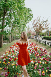 A girl in a red dress among tulips in the spring. high quality photo