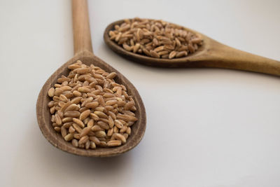 Close-up of bread on table against white background