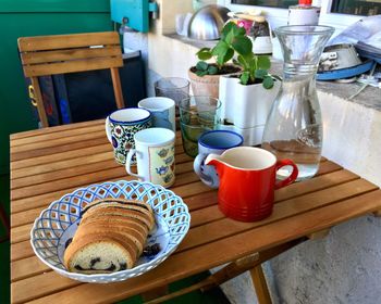 High angle view of breakfast on table