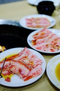 High angle view of food served on table