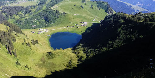 High angle view of land and mountains