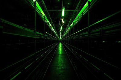 Empty illuminated railway bridge at night