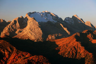 Scenic view of rocky mountains against clear sky