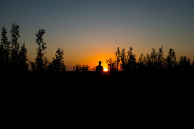 Silhouette of trees on landscape against sunset sky