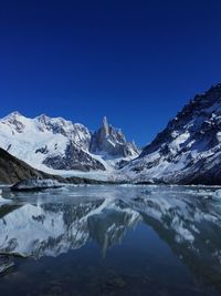 Scenic view of snowcapped mountains against clear blue sky