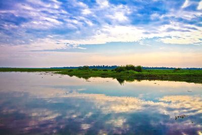 Scenic view of lake against cloudy sky